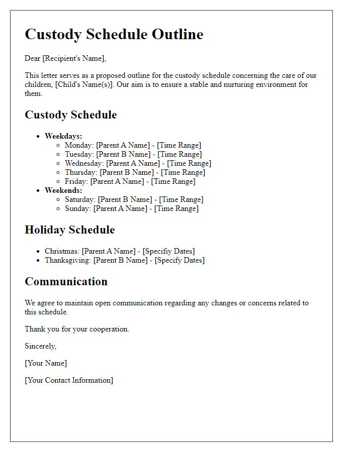 Letter template of custody schedule outline for children's care