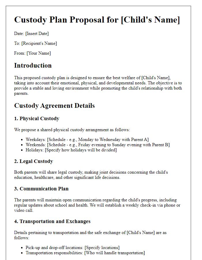 Letter template of detailed custody plan proposal for childrens welfare