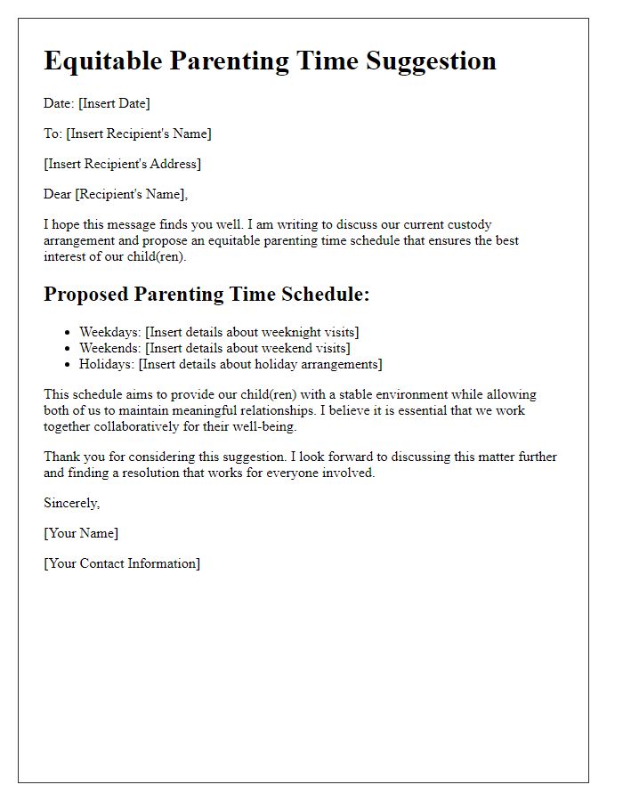 Letter template of equitable parenting time suggestion for custody