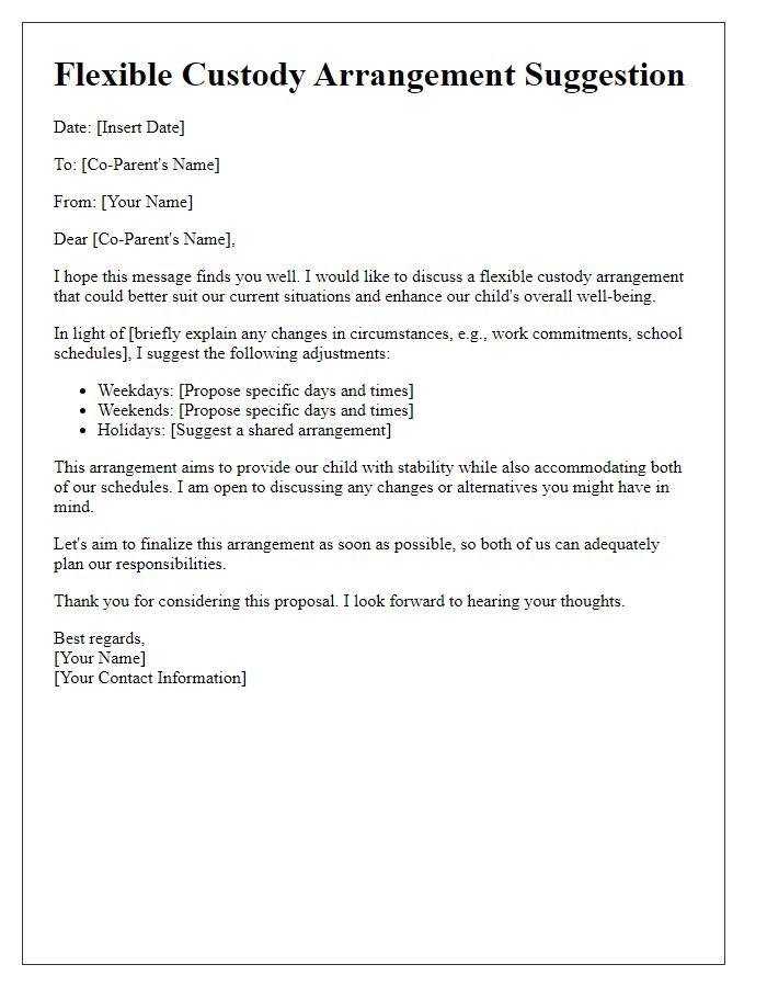 Letter template of flexible custody arrangement suggestion for parents