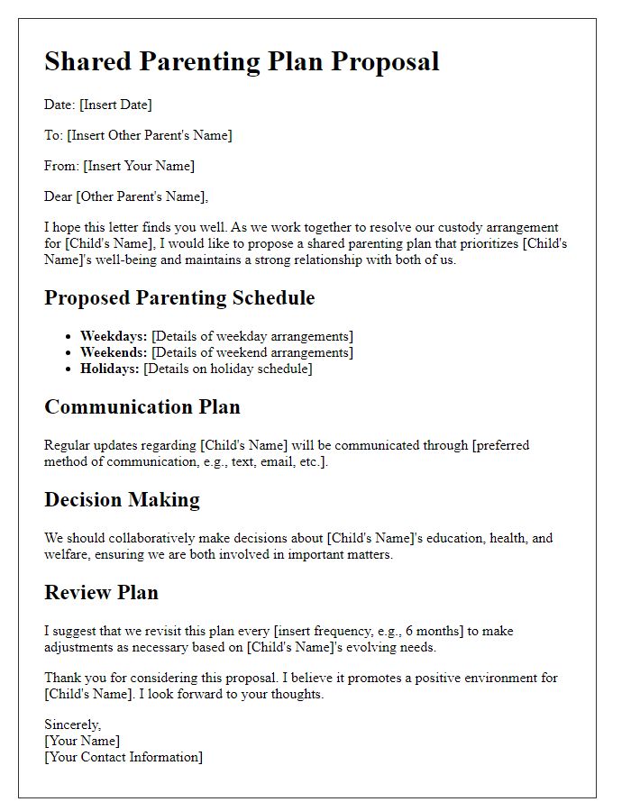 Letter template of shared parenting plan idea for custody resolution