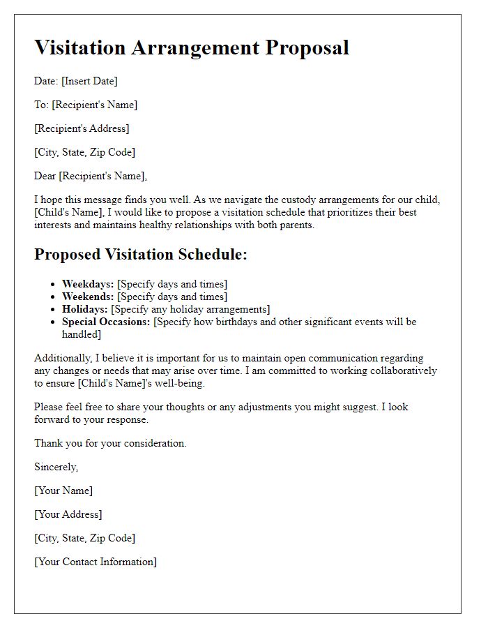 Letter template of visitation arrangement for child custody negotiation