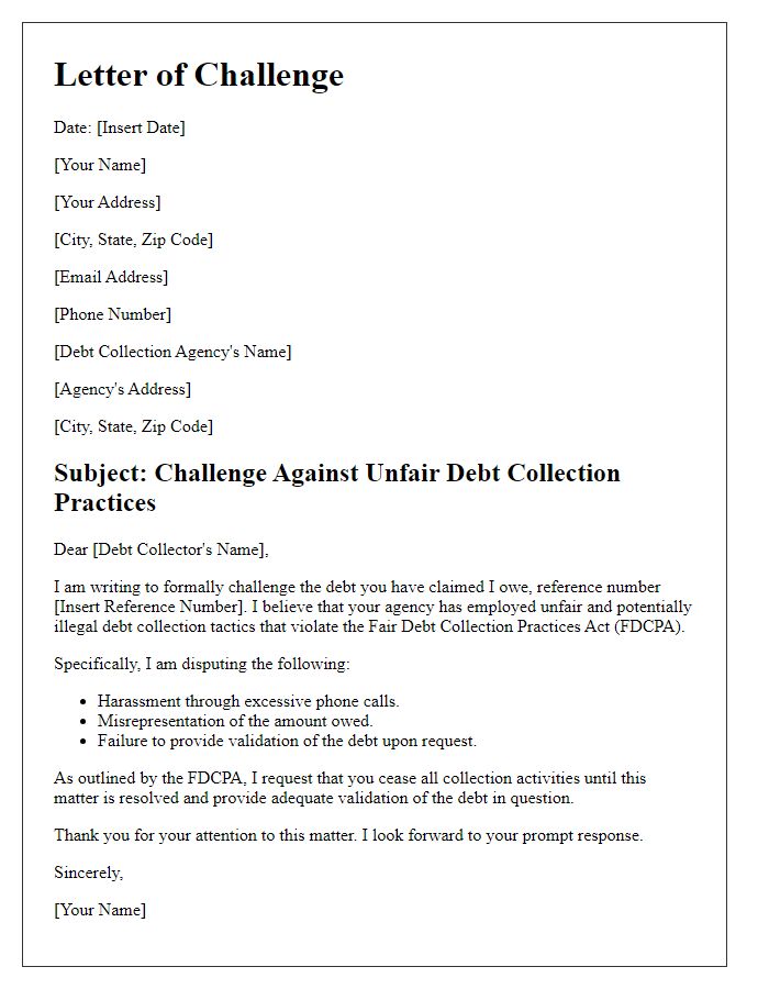 Letter template of challenge against unfair debt collection tactics