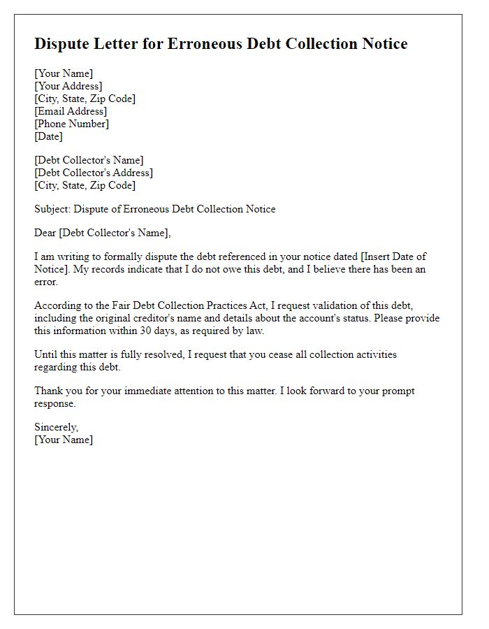 Letter template of dispute for erroneous debt collection notice