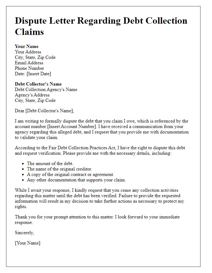 Letter template of dispute regarding debt collection claims