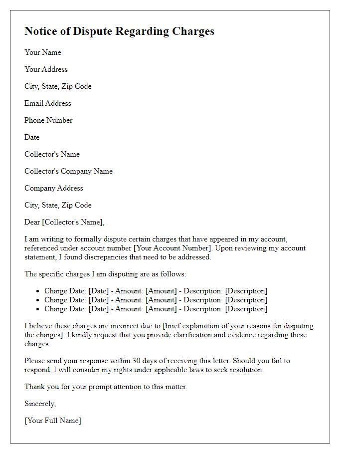 Letter template of notice disputing specific charges from collector