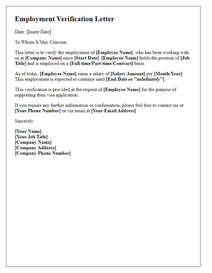 Letter template of employment verification letter for visa application