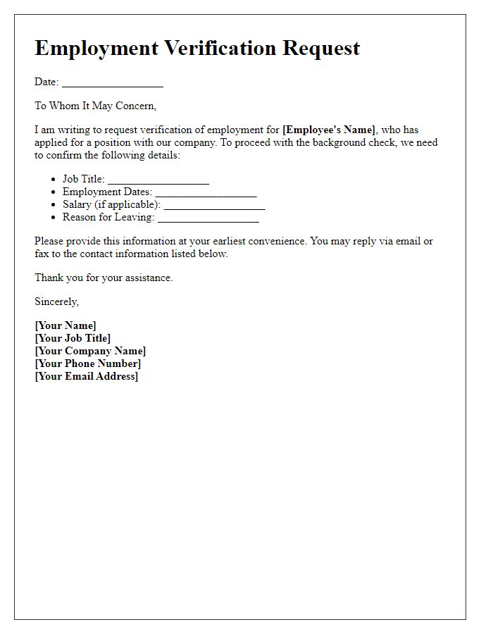 Letter template of employment verification request for background check