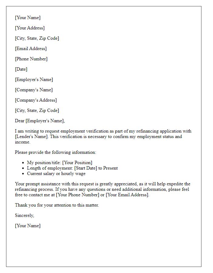 Letter template of employment verification request for refinancing