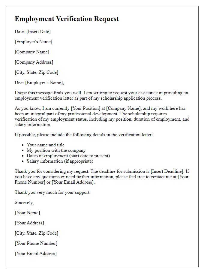 Letter template of employment verification request for scholarship application