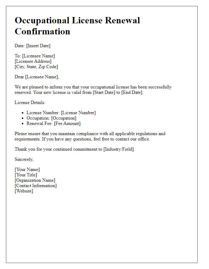 Letter template of occupational license renewal confirmation