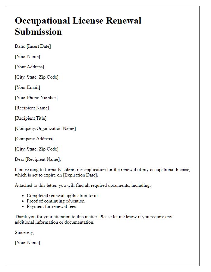 Letter template of occupational license renewal submission