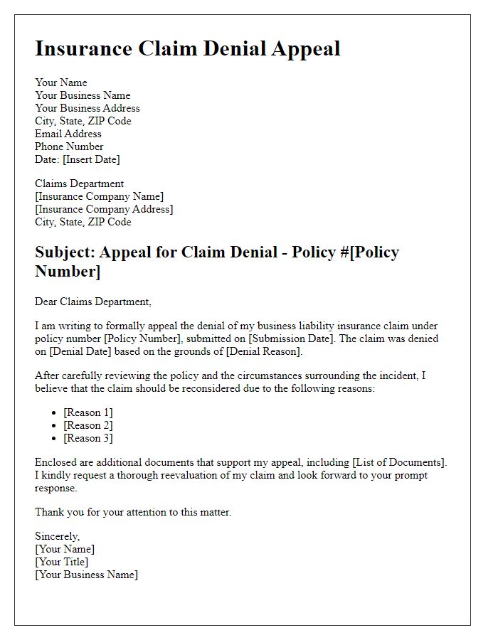 Letter template of insurance claim denial appeal for business liability