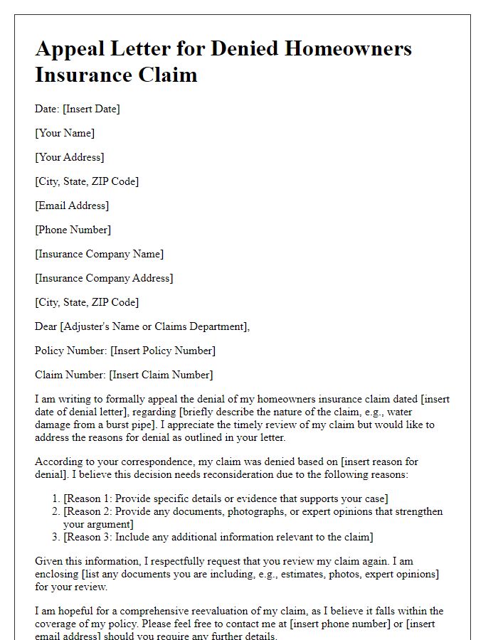 Letter template of insurance claim denial appeal for homeowners insurance