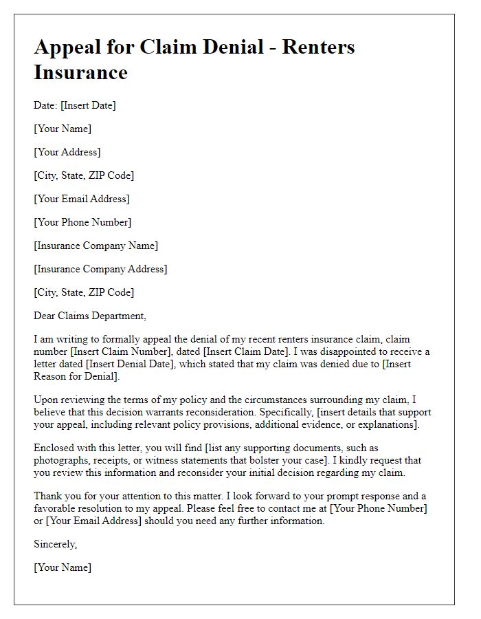 Letter template of insurance claim denial appeal for renters insurance