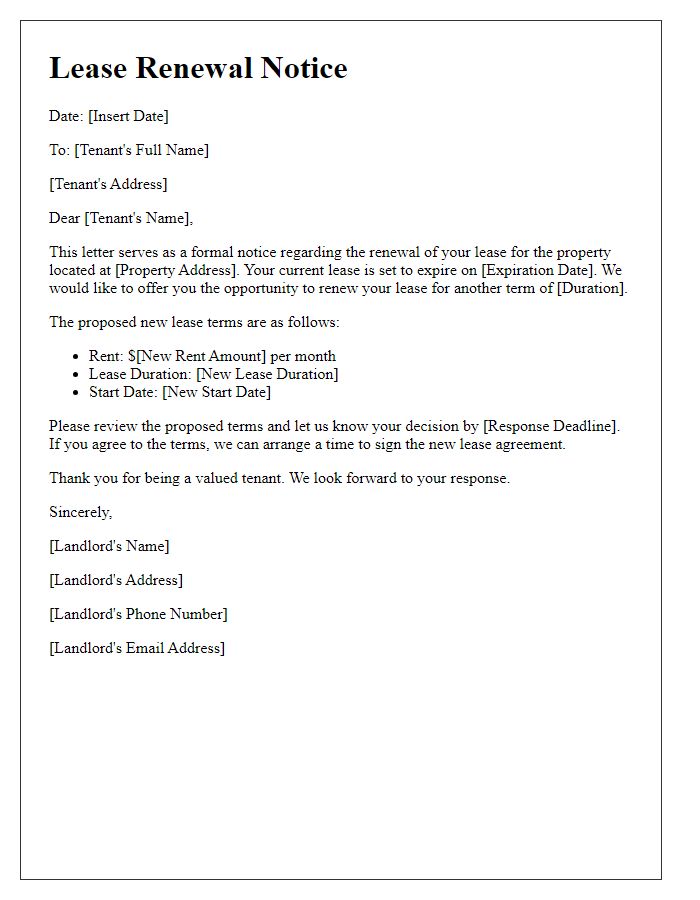 Letter template of landlord's notice for lease renewal