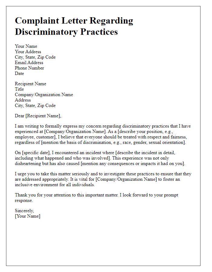 Letter template of complaint regarding discriminatory practices