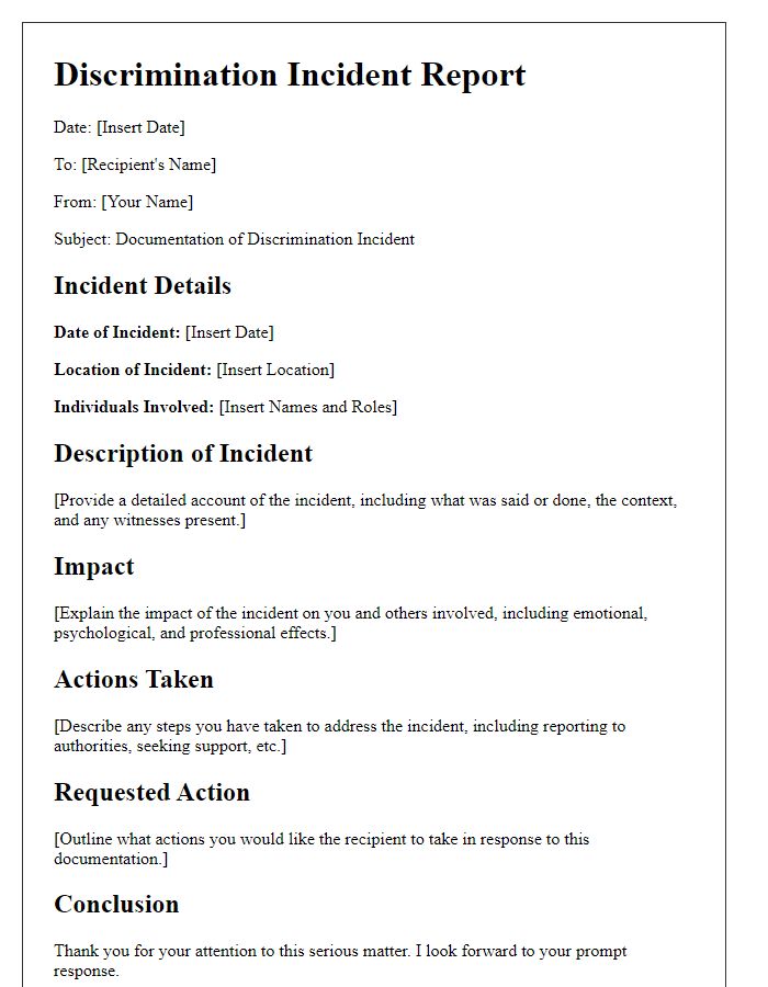 Letter template of discrimination incident documentation