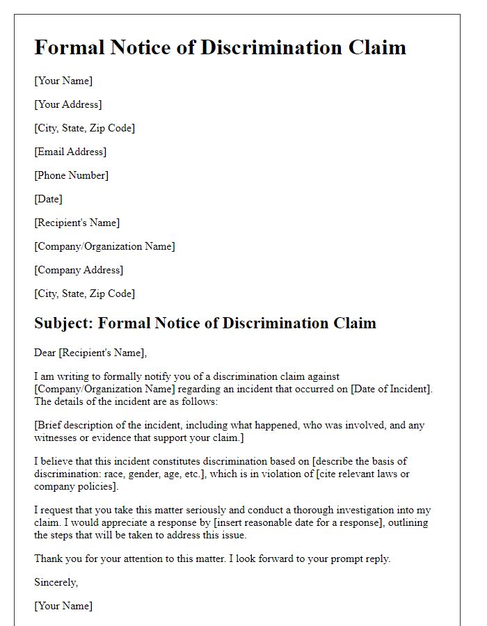 Letter template of formal notice of discrimination claim