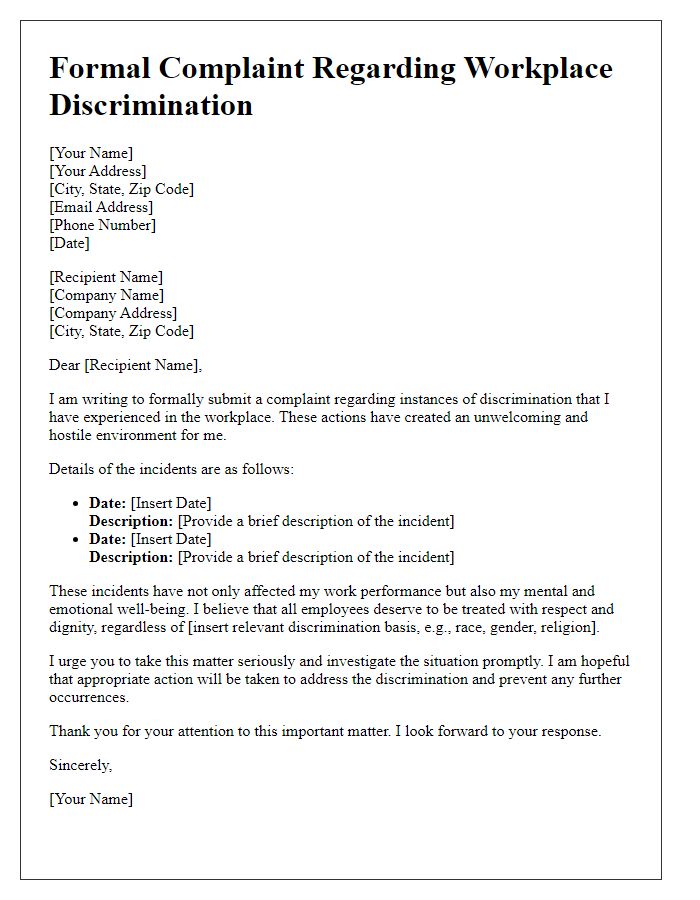 Letter template of formal workplace discrimination complaint