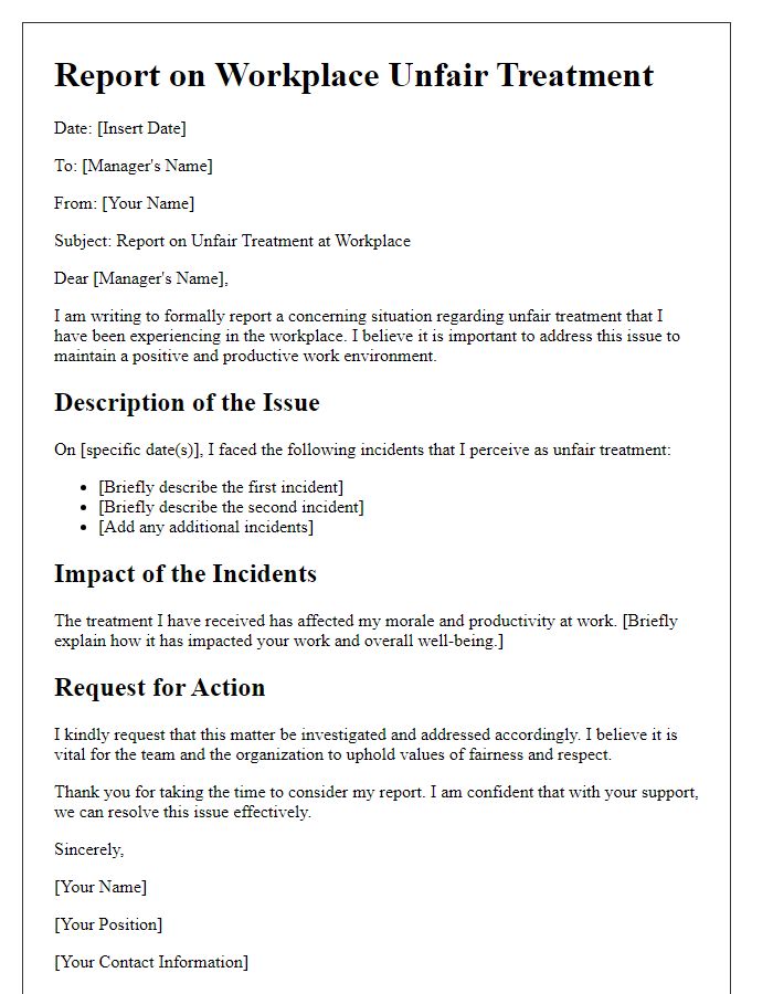 Letter template of report on workplace unfair treatment