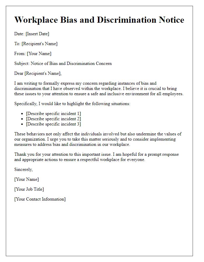 Letter template of workplace bias and discrimination notice