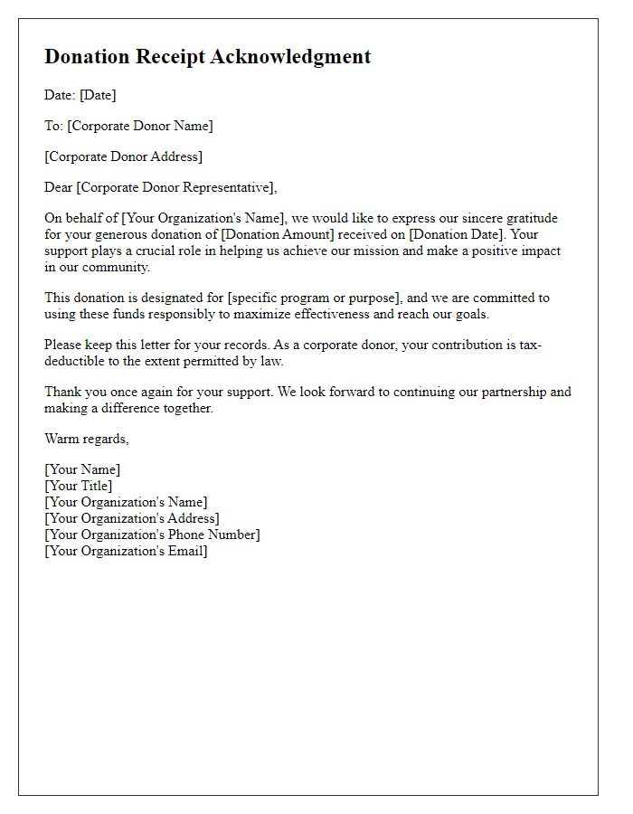 Letter template of donation receipt acknowledgment for corporate donors