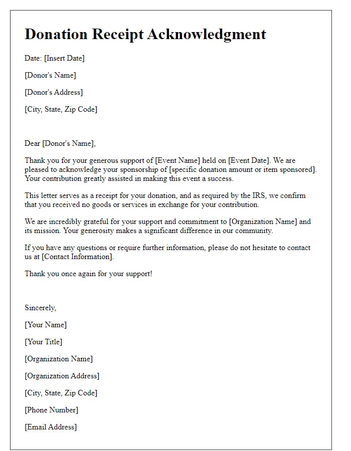 Letter template of donation receipt acknowledgment for event sponsorships