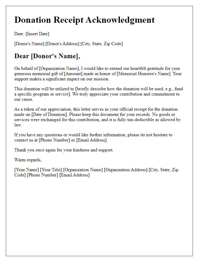 Letter template of donation receipt acknowledgment for memorial gifts