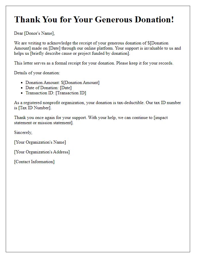 Letter template of donation receipt acknowledgment for online donations