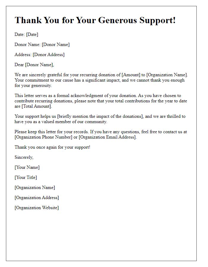 Letter template of donation receipt acknowledgment for recurring donations