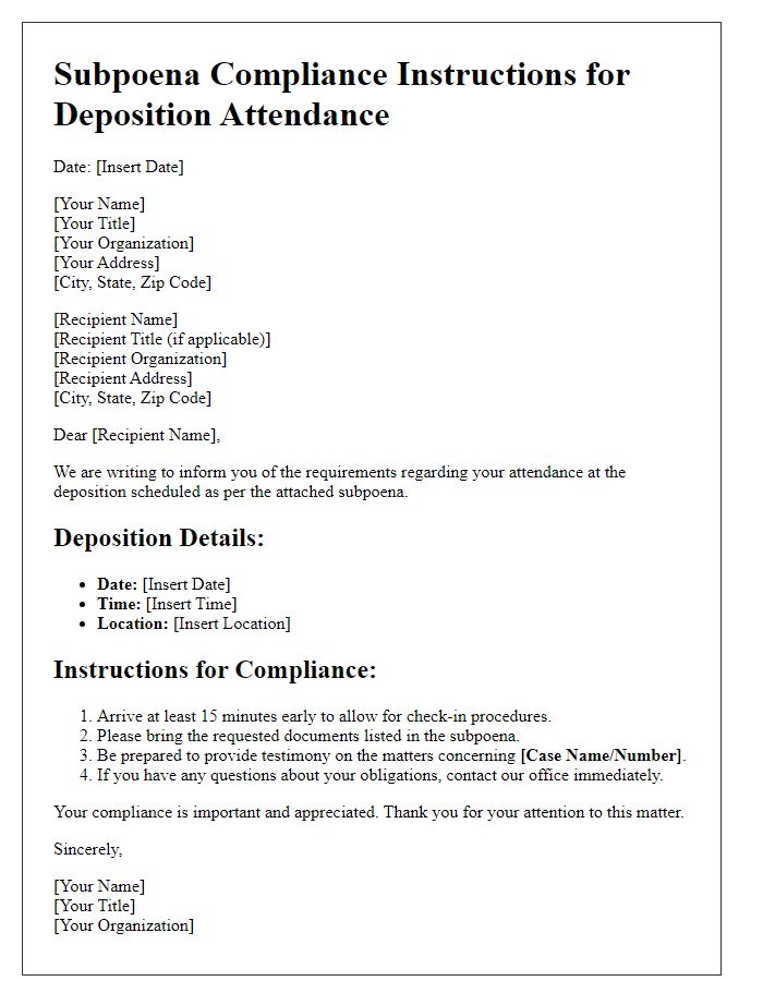 Letter template of Subpoena Compliance Instructions for Deposition Attendance