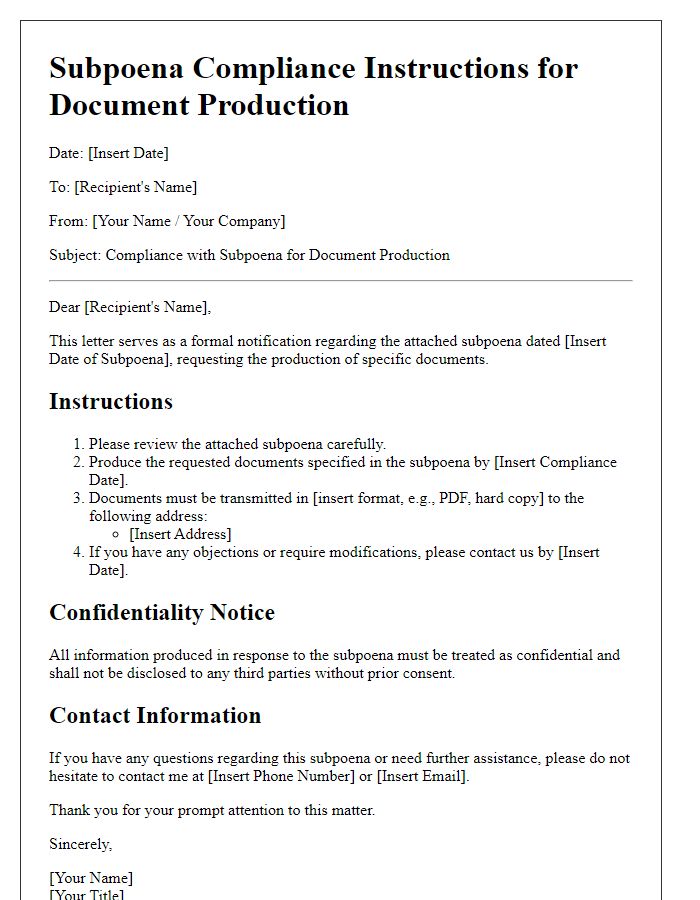 Letter template of Subpoena Compliance Instructions for Document Production