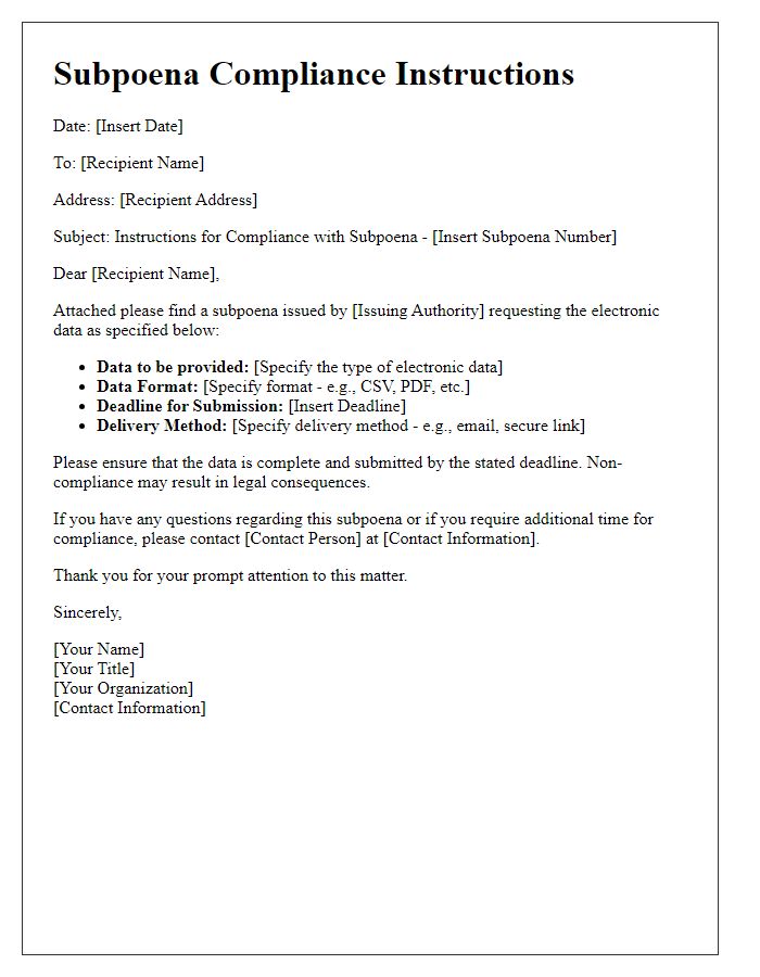 Letter template of Subpoena Compliance Instructions for Electronic Data Submission