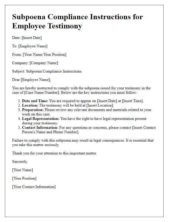 Letter template of Subpoena Compliance Instructions for Employee Testimony