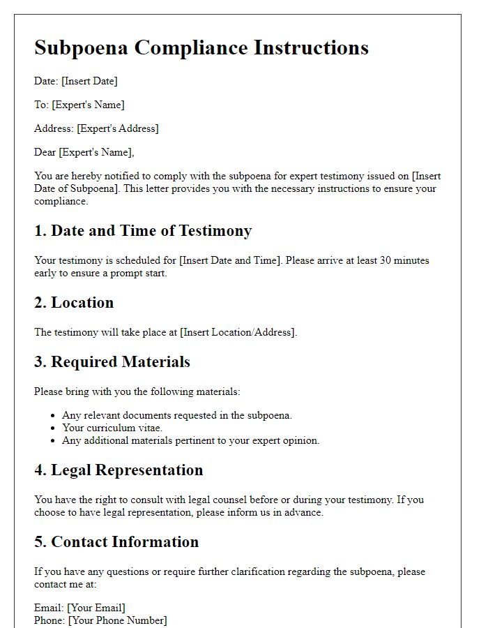 Letter template of Subpoena Compliance Instructions for Expert Testimony