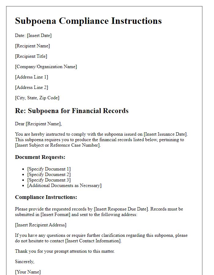 Letter template of Subpoena Compliance Instructions for Financial Records