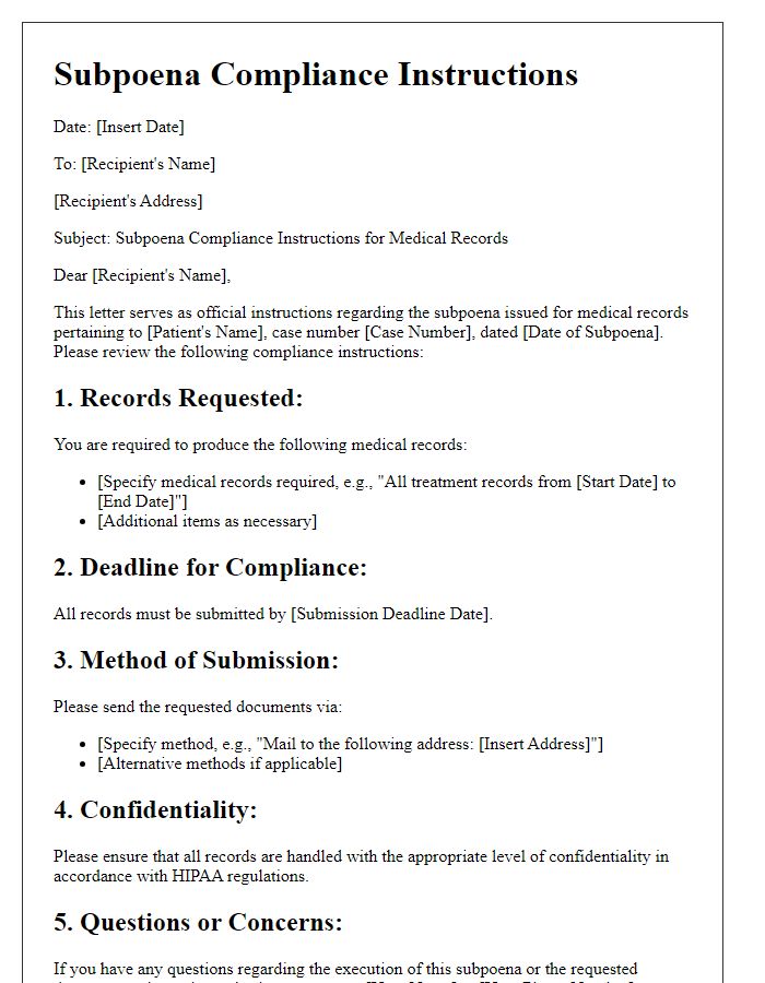 Letter template of Subpoena Compliance Instructions for Medical Records