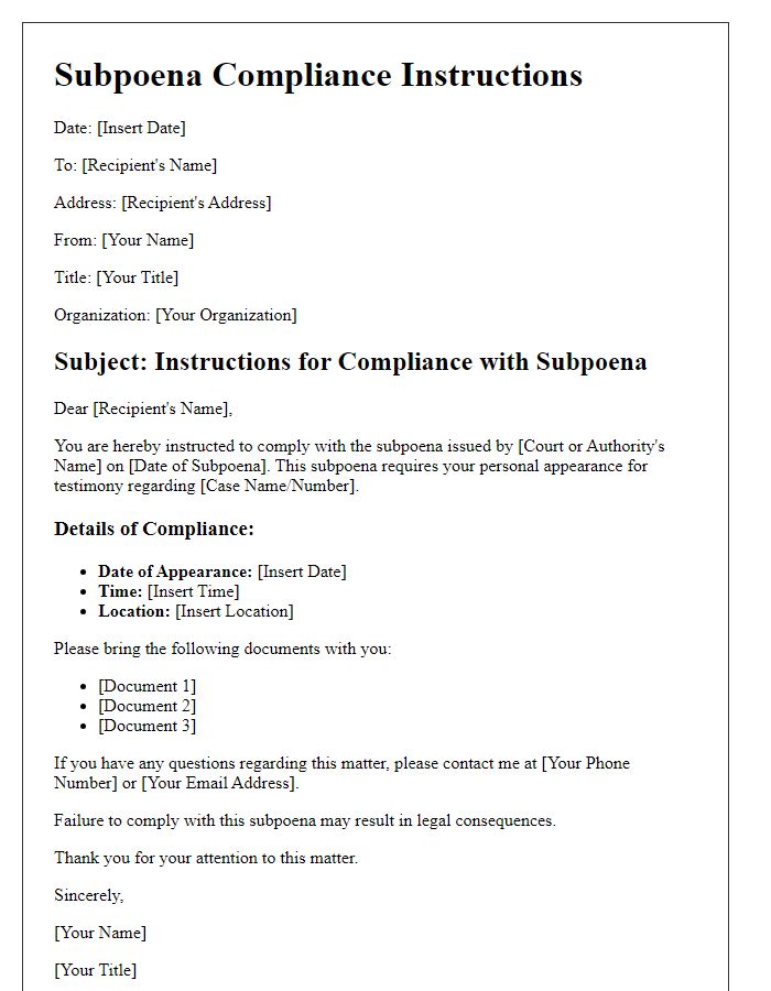 Letter template of Subpoena Compliance Instructions for Personal Appearance