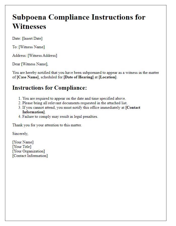 Letter template of Subpoena Compliance Instructions for Witnesses