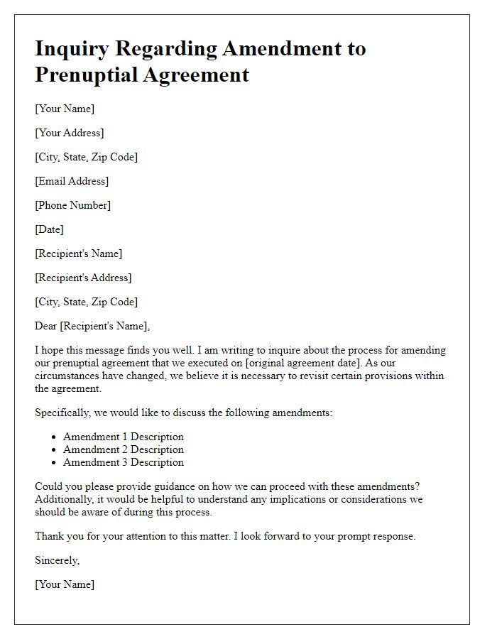 Letter template of prenuptial agreement amendment inquiry