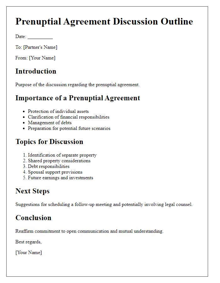 Letter template of prenuptial agreement discussion outline