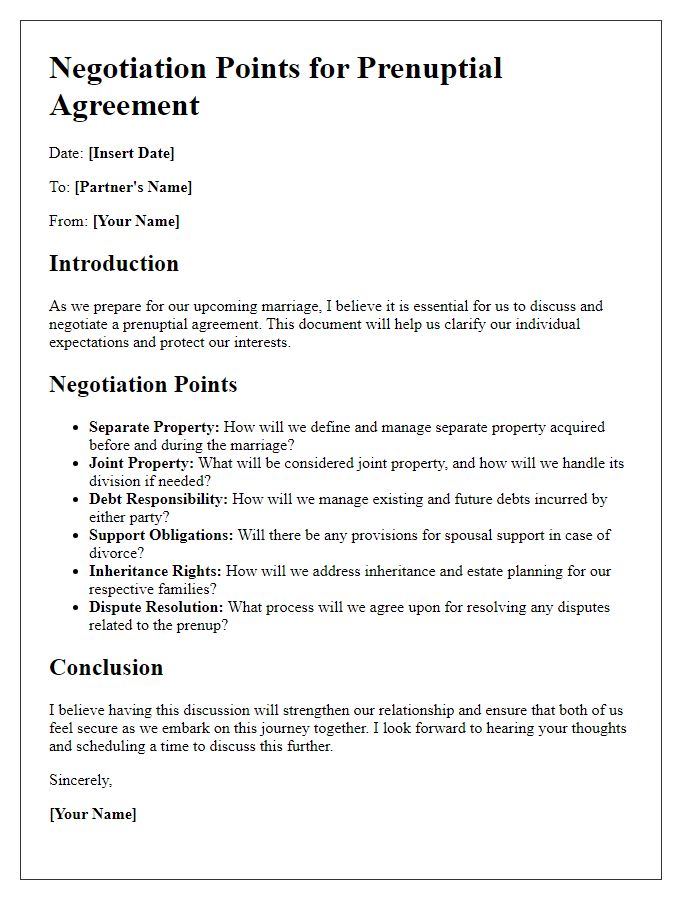 Letter template of prenuptial agreement negotiation points