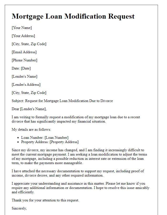 Letter template of mortgage loan modification request for a divorce situation.