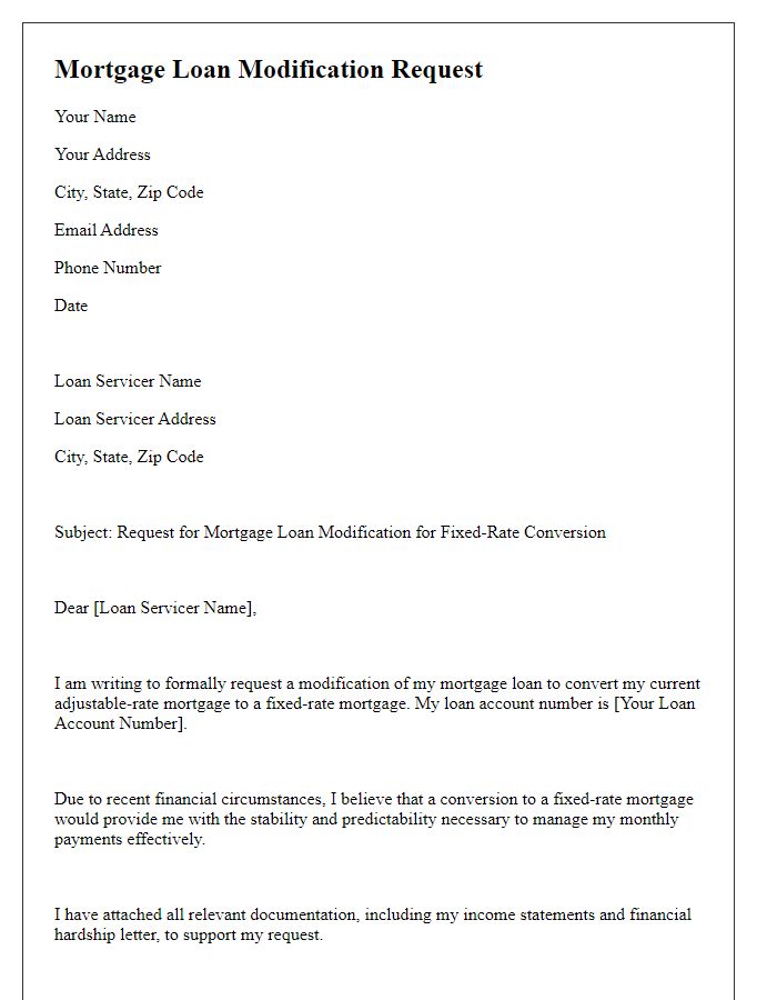 Letter template of mortgage loan modification request for fixed-rate conversion.