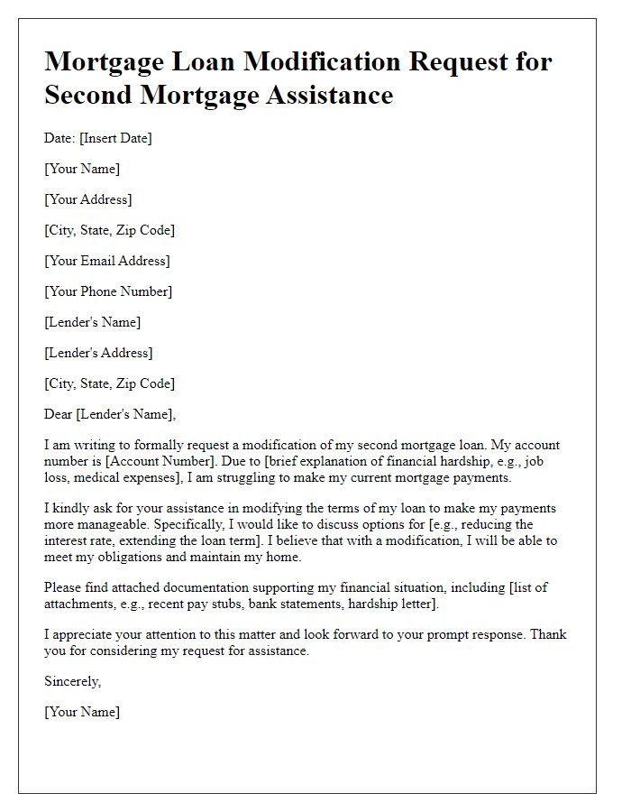 Letter template of mortgage loan modification request for second mortgage assistance.