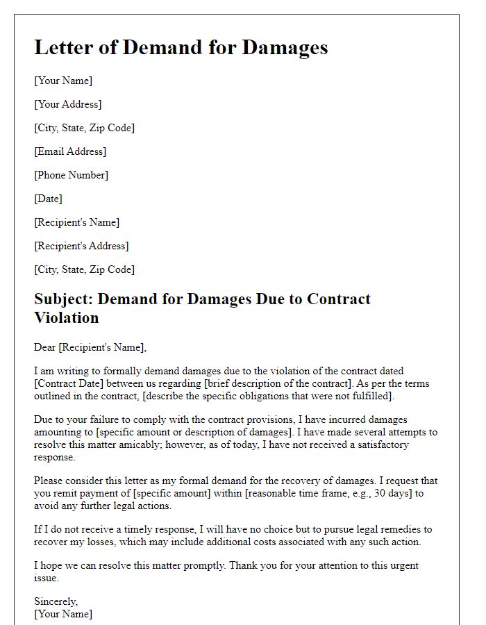 Letter template of demand for damages due to contract violation