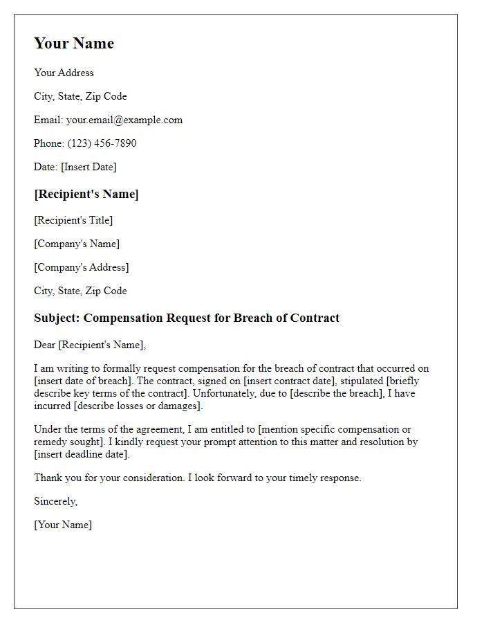 Letter template of formal compensation request for contract breach