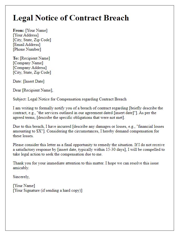 Letter template of legal notice for compensation regarding contract breach