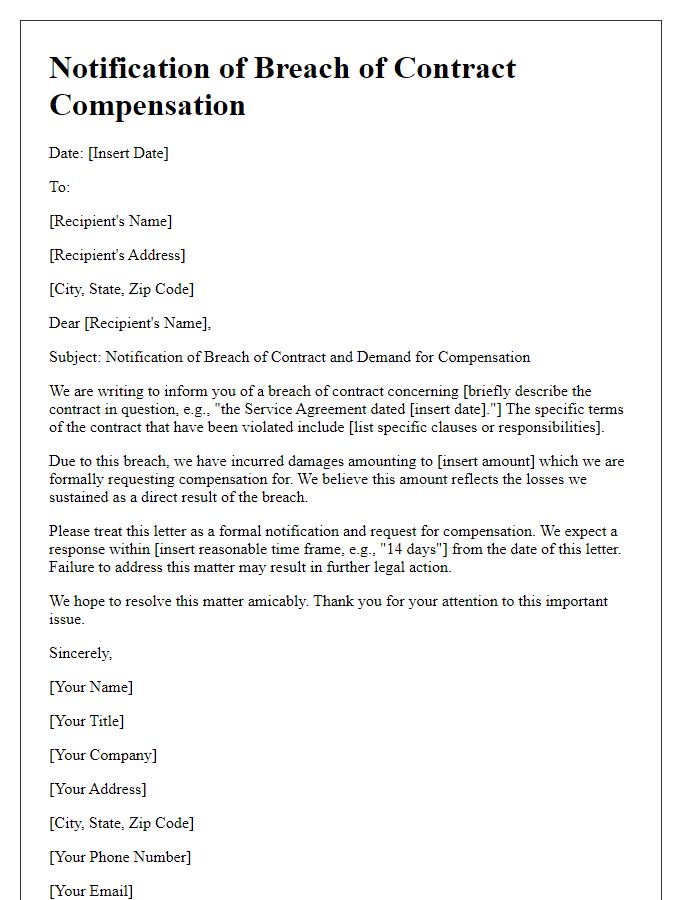 Letter template of notification for breach of contract compensation